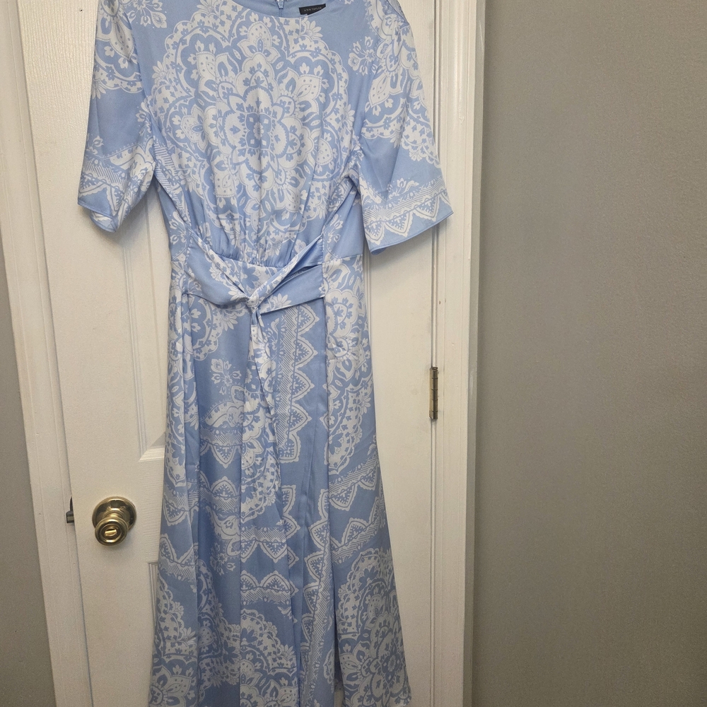 Ann Taylor Light Blue & White Printed Maxi Dress with Waist Tie
